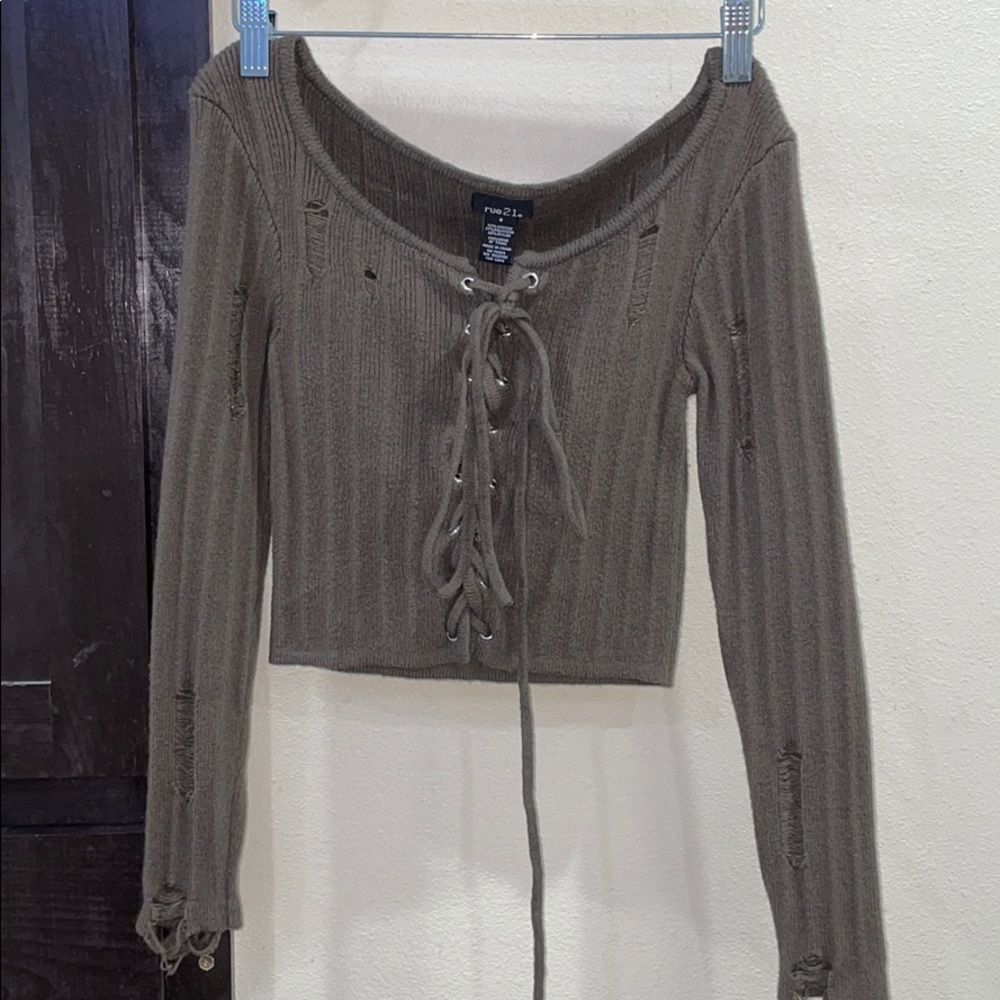 Olive Cropped Distressed Sweater